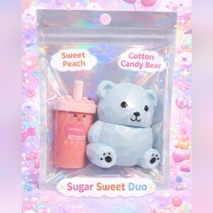 Sugar Sweet Duo 🍭 Cotton Candy Bear & Sweet Peach Lip Balm | Kawaii Gift Set